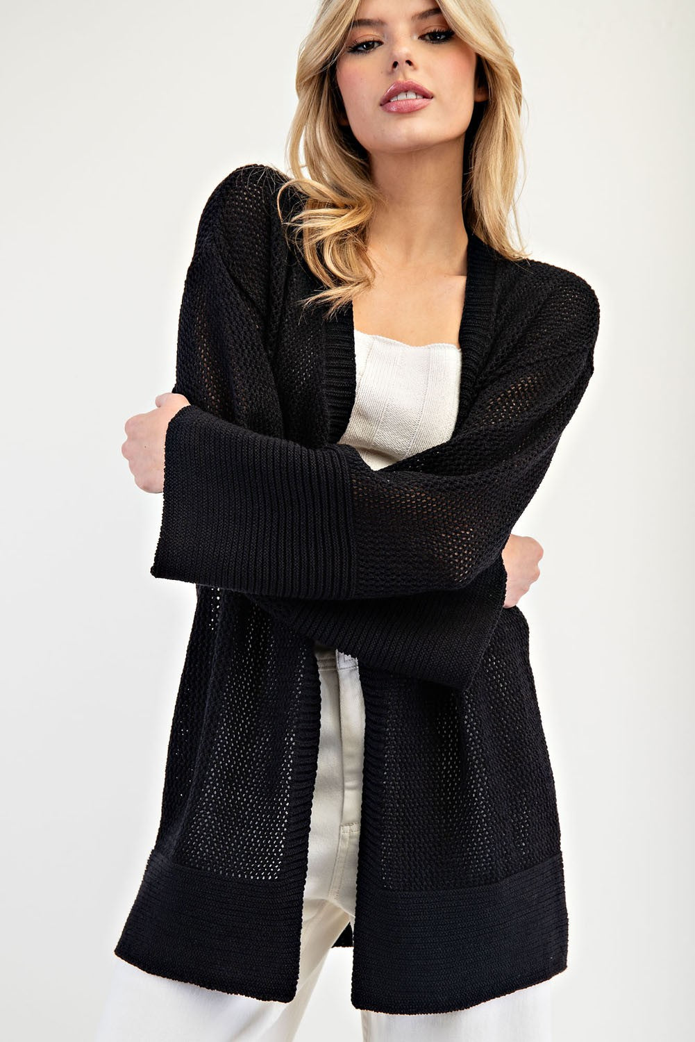 Crochet Knit Long Sleeve Open Cardigan