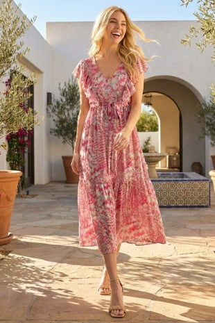 Tie Front Ruffle Trim Midi Dress