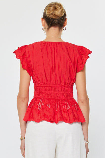 Embroidered Peplum V-neck Blouse