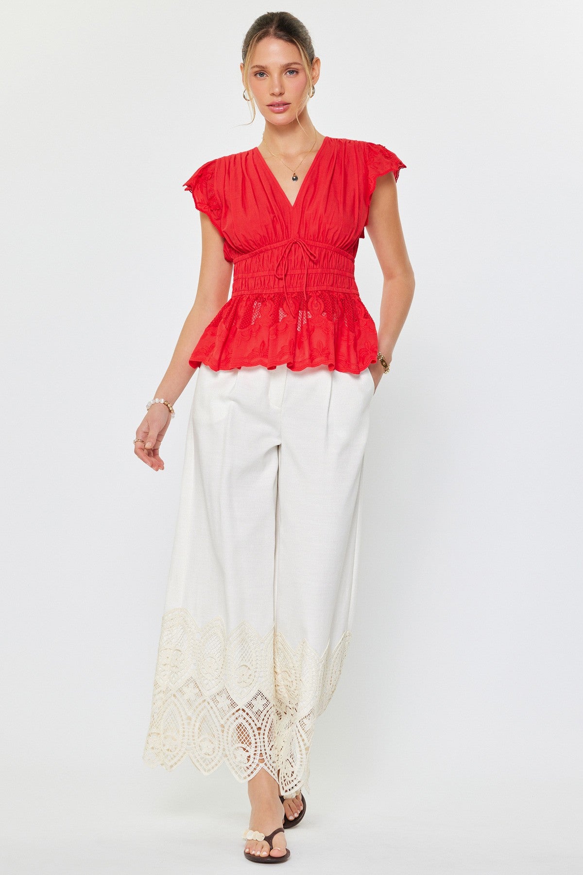 Embroidered Peplum V-neck Blouse