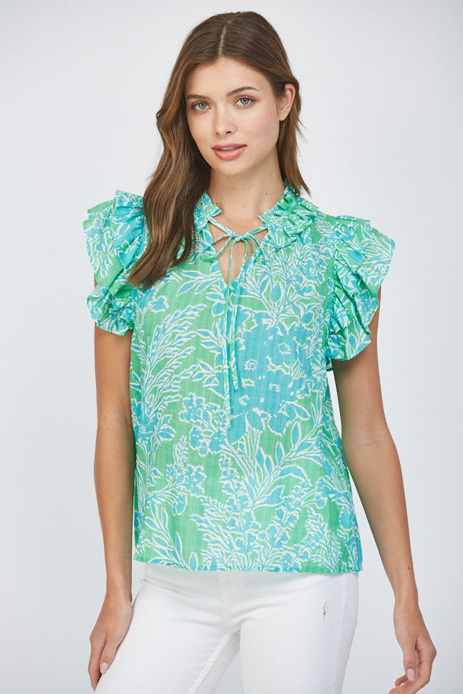 Ruffled Sleeves Tie Collar Top