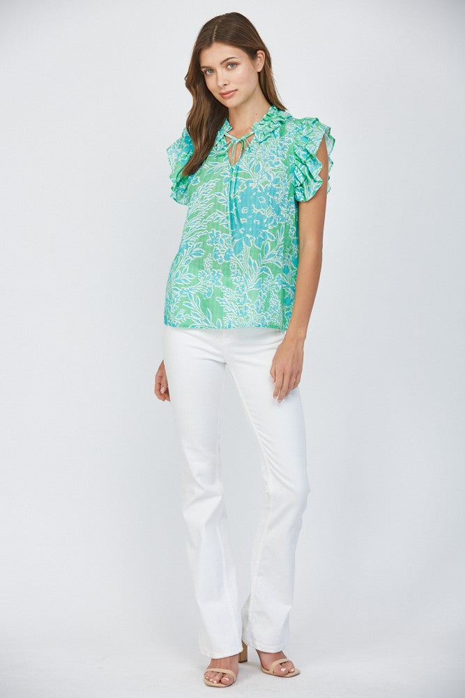 Ruffled Sleeves Tie Collar Top