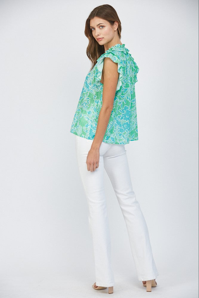 Ruffled Sleeves Tie Collar Top