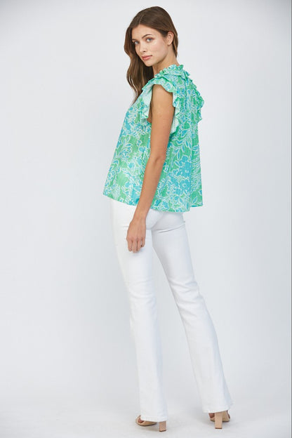 Ruffled Sleeves Tie Collar Top