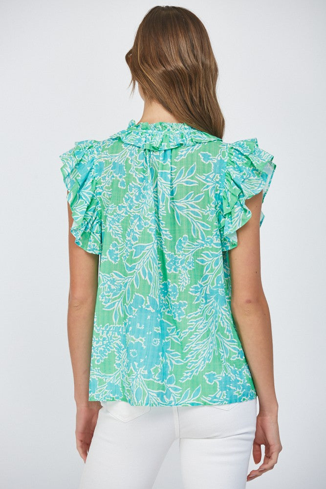 Ruffled Sleeves Tie Collar Top