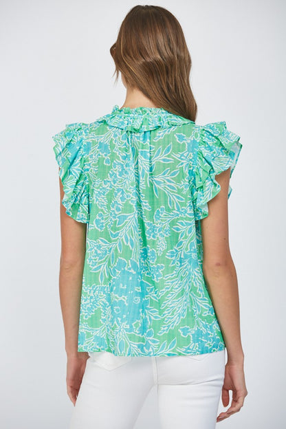 Ruffled Sleeves Tie Collar Top