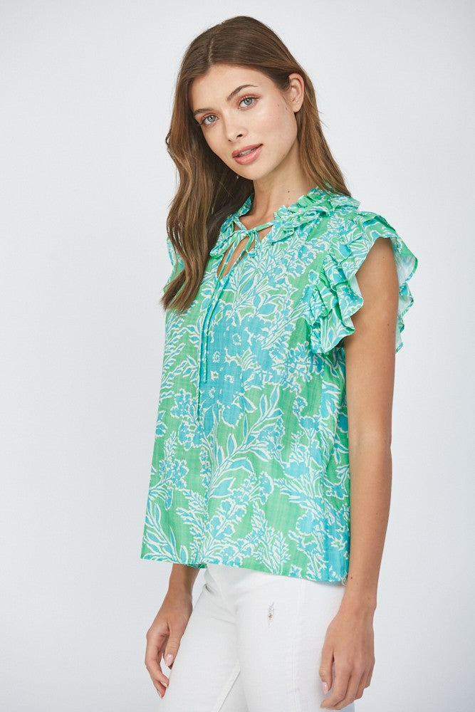 Ruffled Sleeves Tie Collar Top