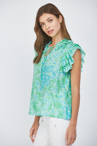 Ruffled Sleeves Tie Collar Top