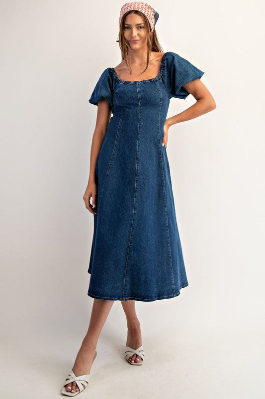 Mineral Washed Puff Sleeve Midi Dress