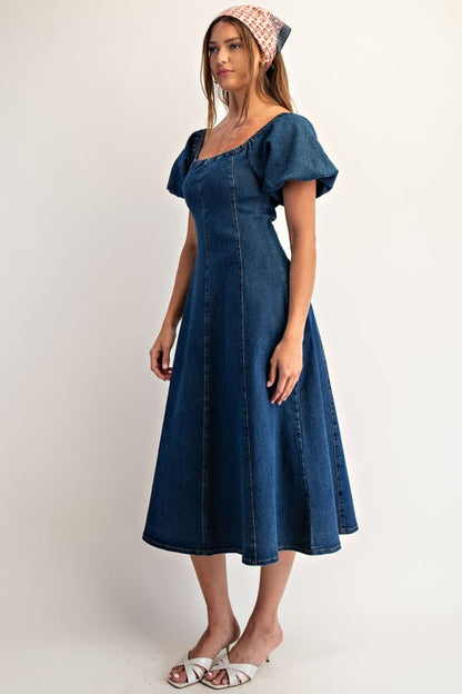 Mineral Washed Puff Sleeve Midi Dress