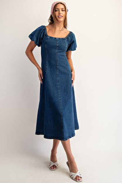 Mineral Washed Puff Sleeve Midi Dress