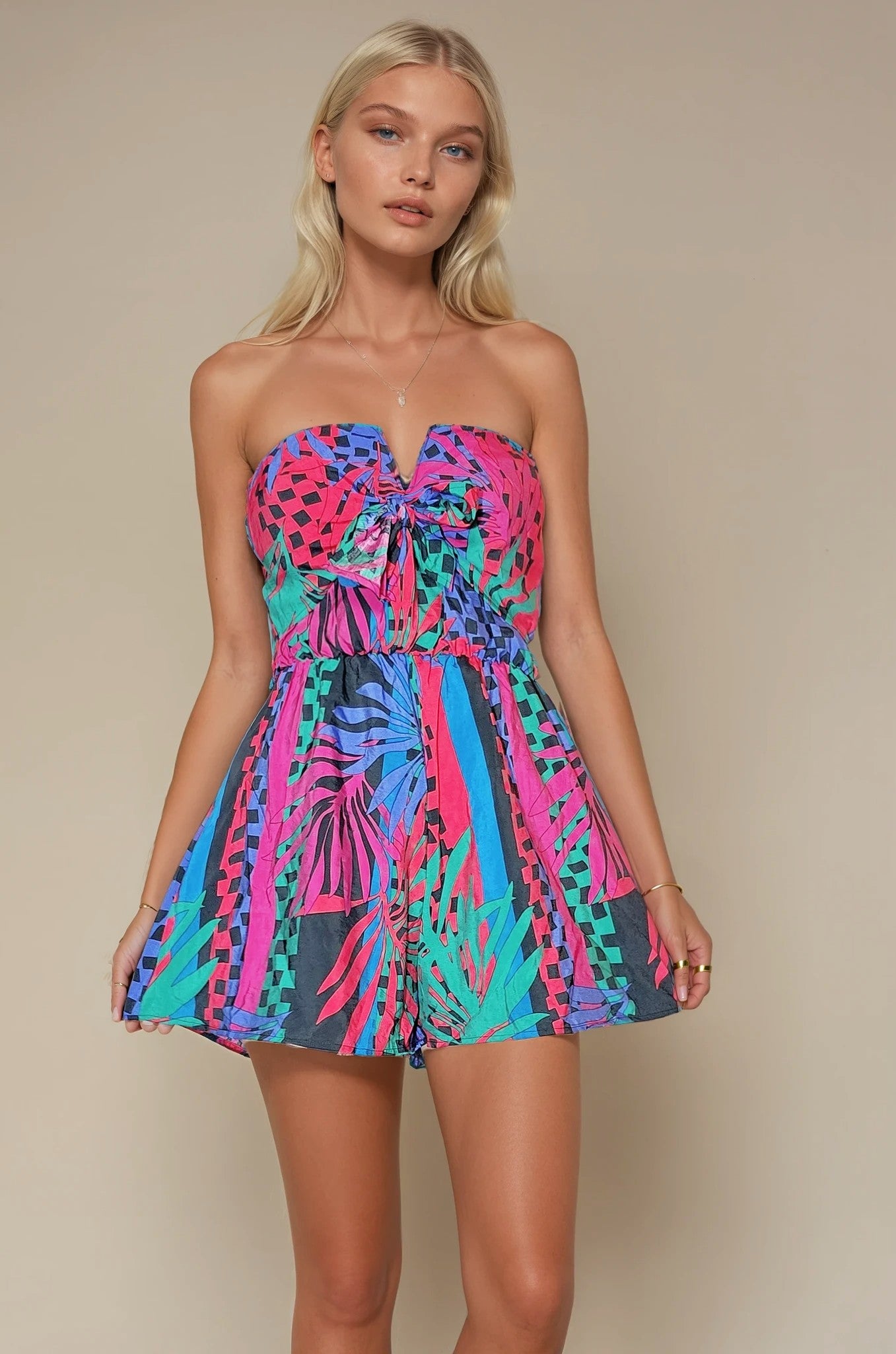 Tropical Printed Tie Front Tube Romper