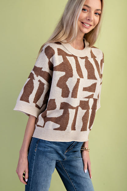 Short Sleeve Geometric Print Sweater