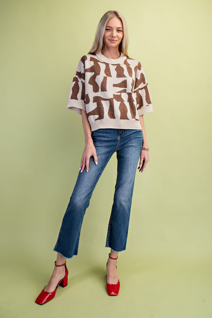 Short Sleeve Geometric Print Sweater