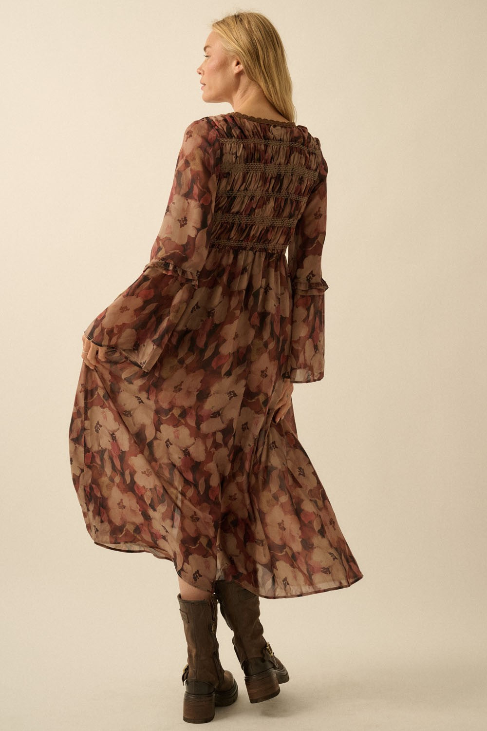 Floral-print Bell-sleeve Smocked Midi Dress