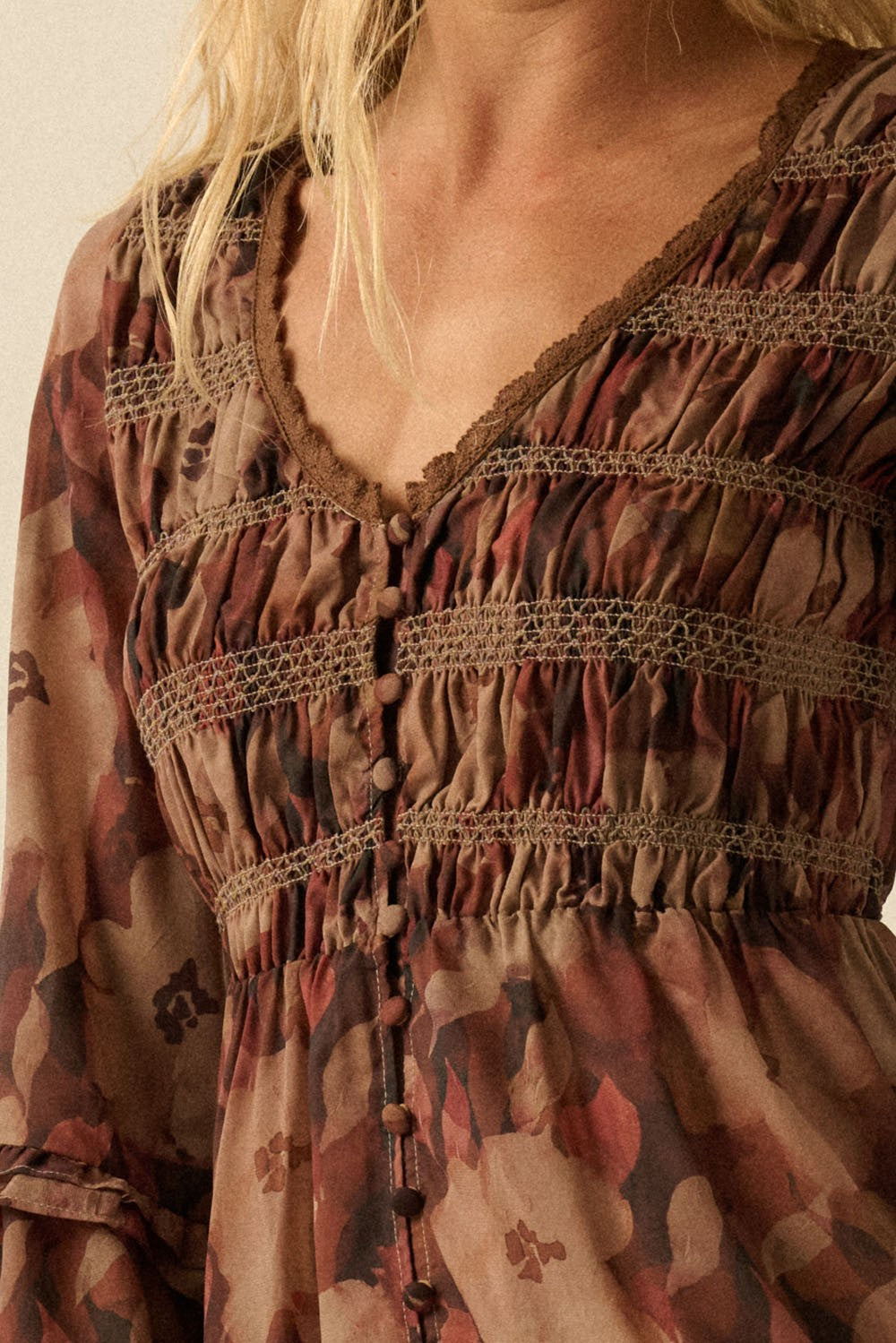 Floral-print Bell-sleeve Smocked Midi Dress