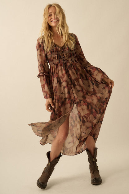 Floral-print Bell-sleeve Smocked Midi Dress