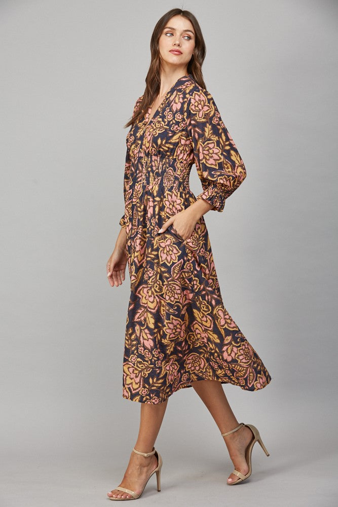 Floral Print Front Zip Midi