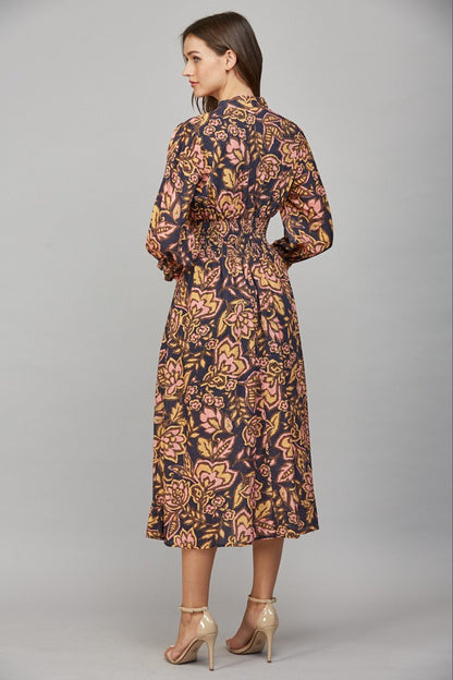 Floral Print Front Zip Midi