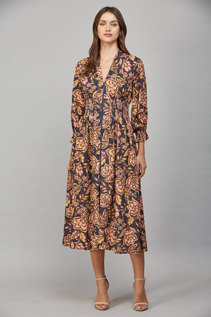 Floral Print Front Zip Midi