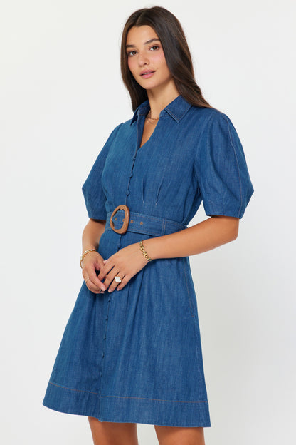 Denim Button Down Belted Mini Dress