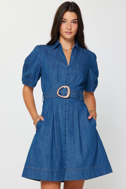 Denim Button Down Belted Mini Dress
