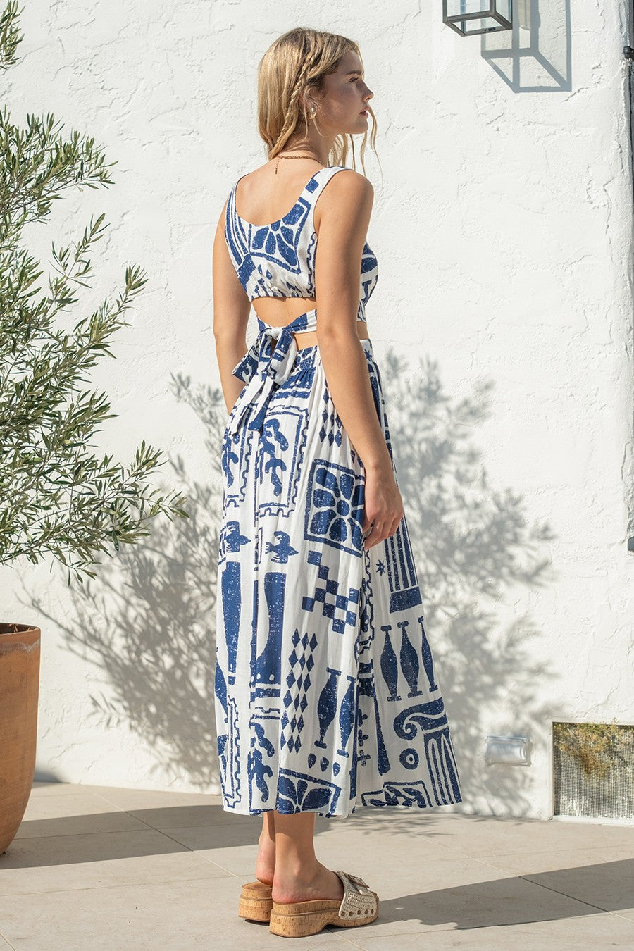 Blue Printed Cutout Midi Dress