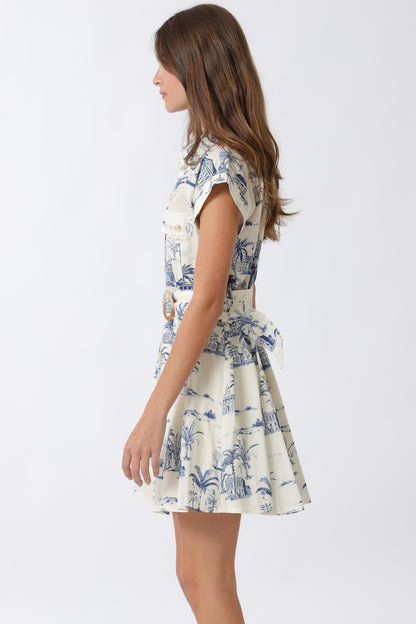 Print Button Down Belted Mini Dress