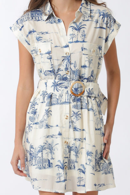 Print Button Down Belted Mini Dress