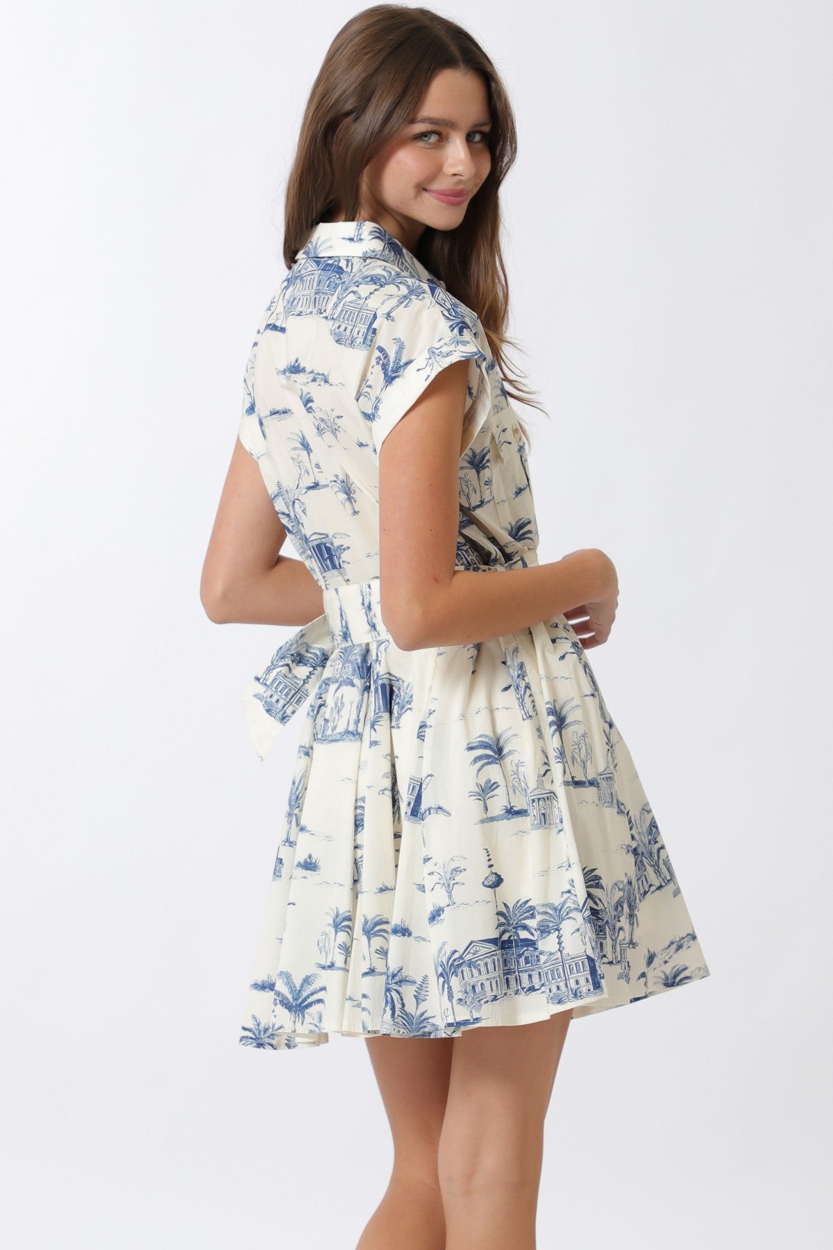 Print Button Down Belted Mini Dress