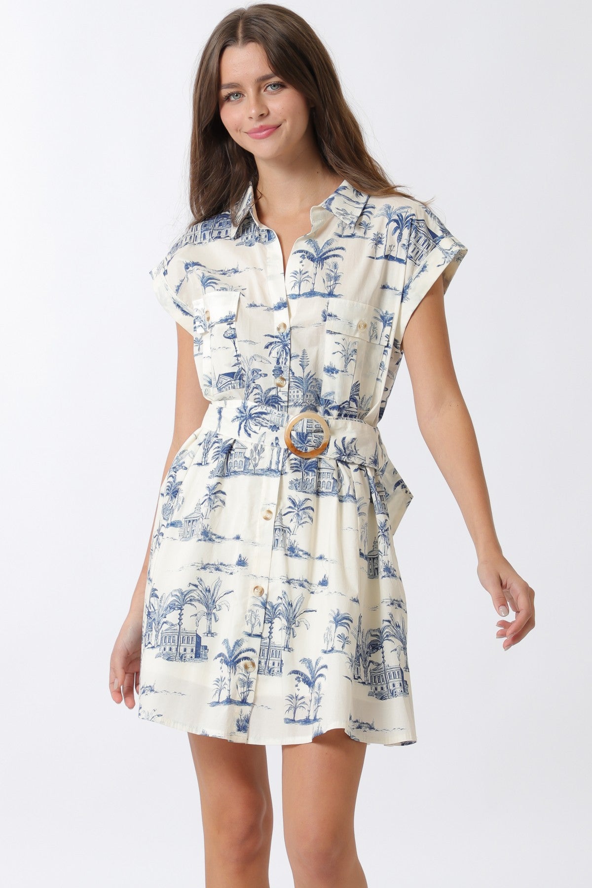 Print Button Down Belted Mini Dress