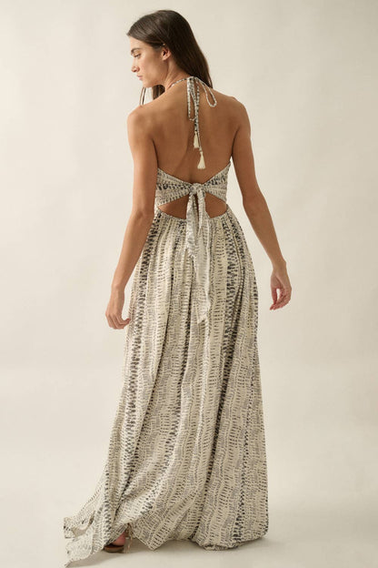 Abstract-Print Crepe High-Waist Tie-Back Halter Maxi Dress