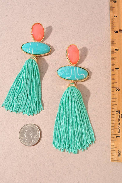 RESIN OVAL TASSEL STATEMENT DROP EARRINGS