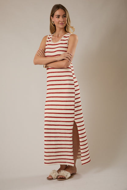 Boat Neck Knit Cream & Red Maxi