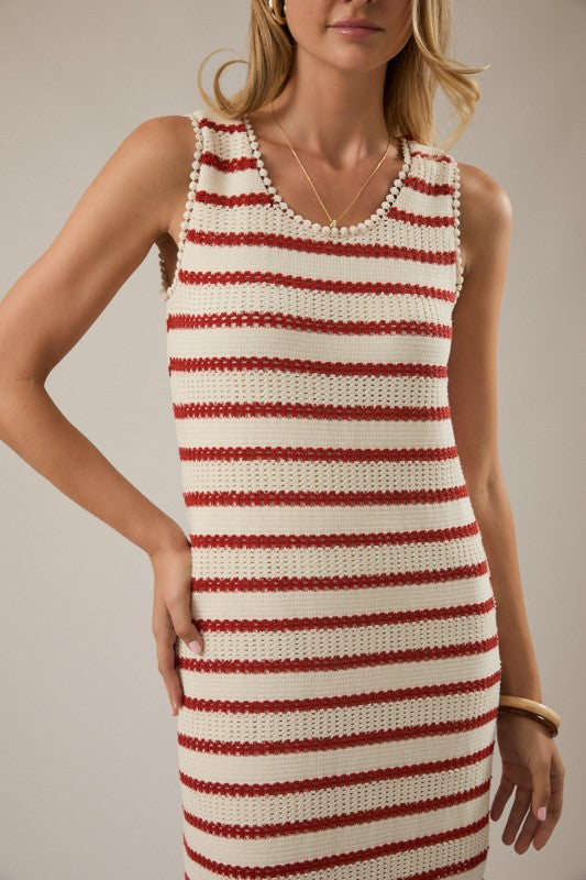 Boat Neck Knit Cream & Red Maxi
