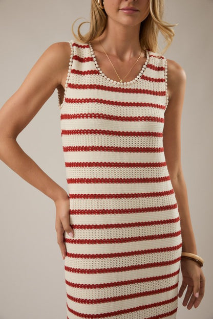 Boat Neck Knit Cream & Red Maxi