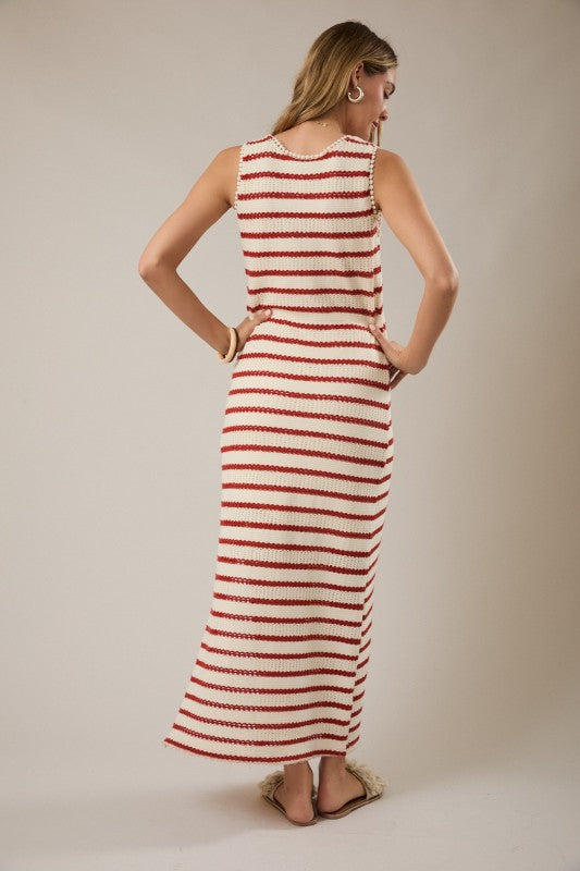 Boat Neck Knit Cream & Red Maxi