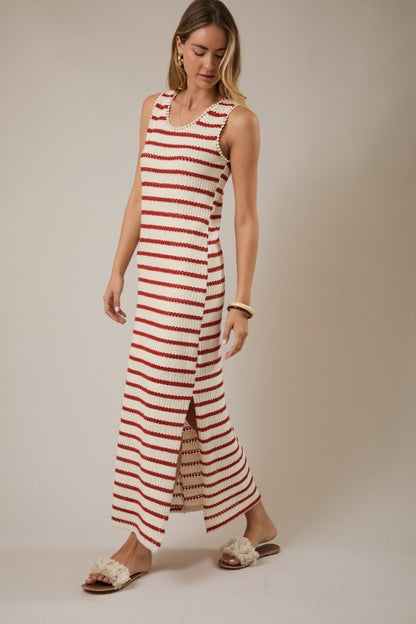 Boat Neck Knit Cream & Red Maxi
