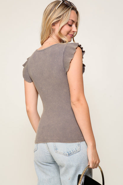 Ribbed Flutter Sleeve Minerral Wash Top