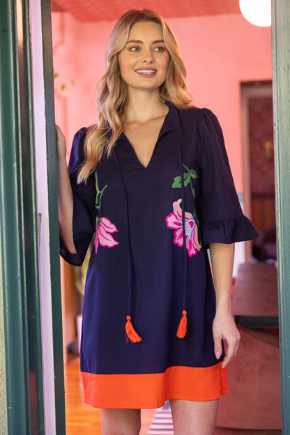 Tassle V-neck Embroidery Detailed Shift Dress