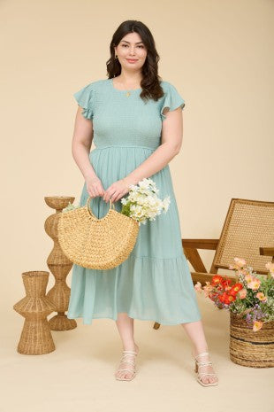 Plus Tiered Smocked Short Sleeve Midi Dress