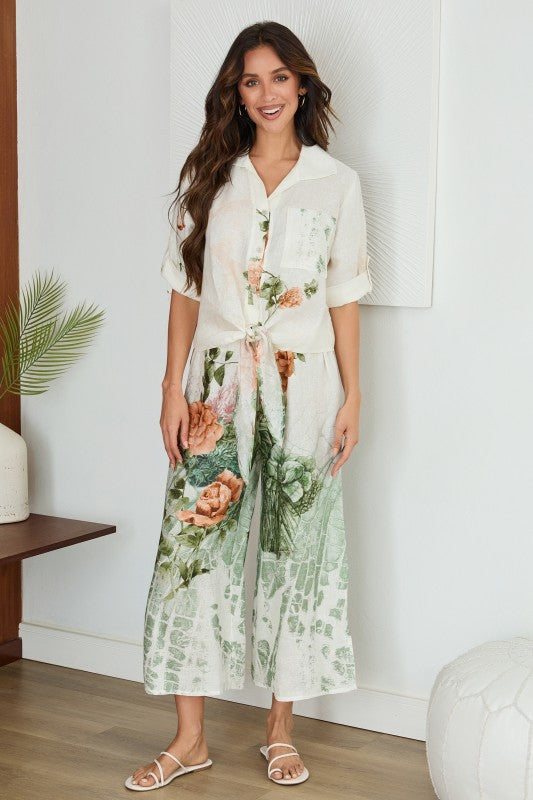 Roses Print Button Up Tie Front Linen Top