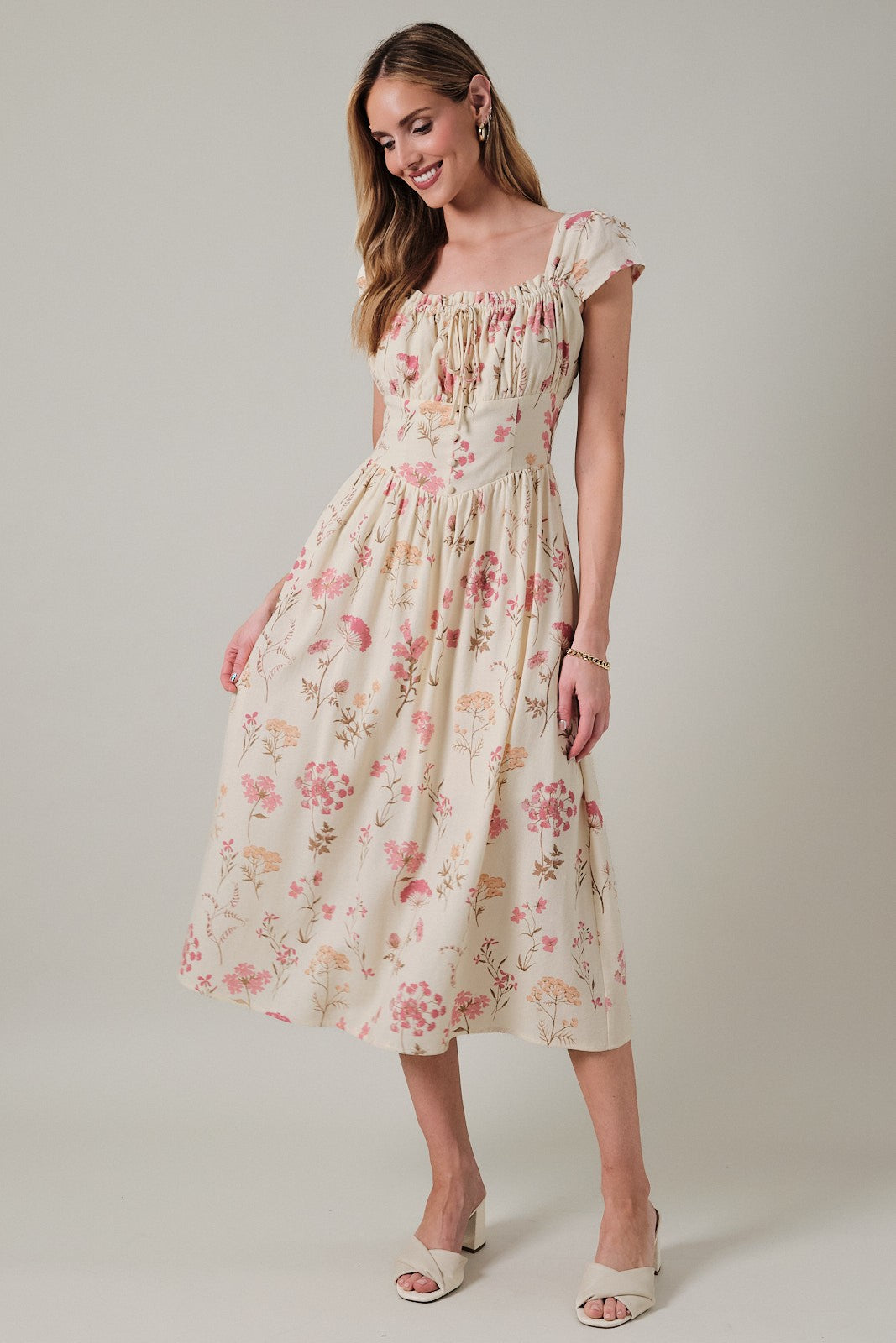 Square Neck Short Sleeve Fit & Flare Midi Dress