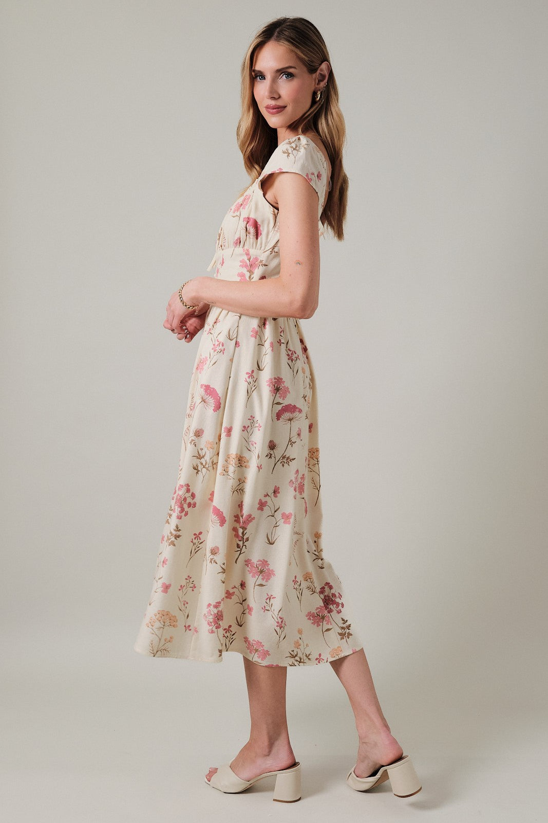 Square Neck Short Sleeve Fit & Flare Midi Dress