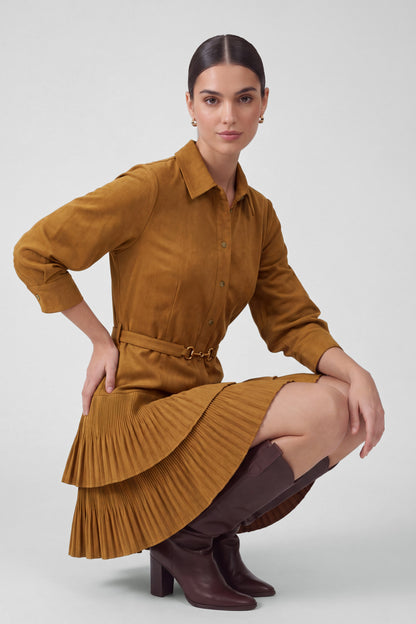 Corduroy Tiered Pleated Shirt Dress