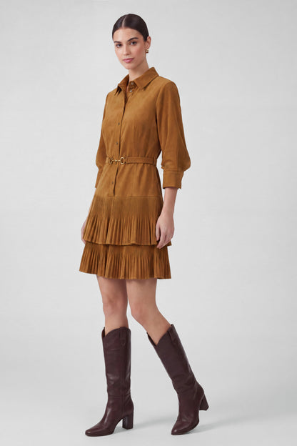 Corduroy Tiered Pleated Shirt Dress
