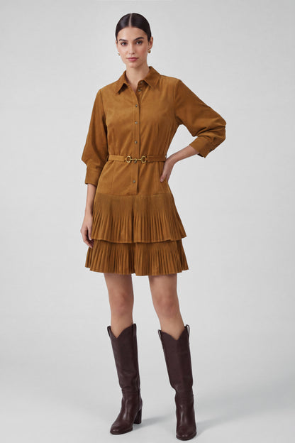 Corduroy Tiered Pleated Shirt Dress