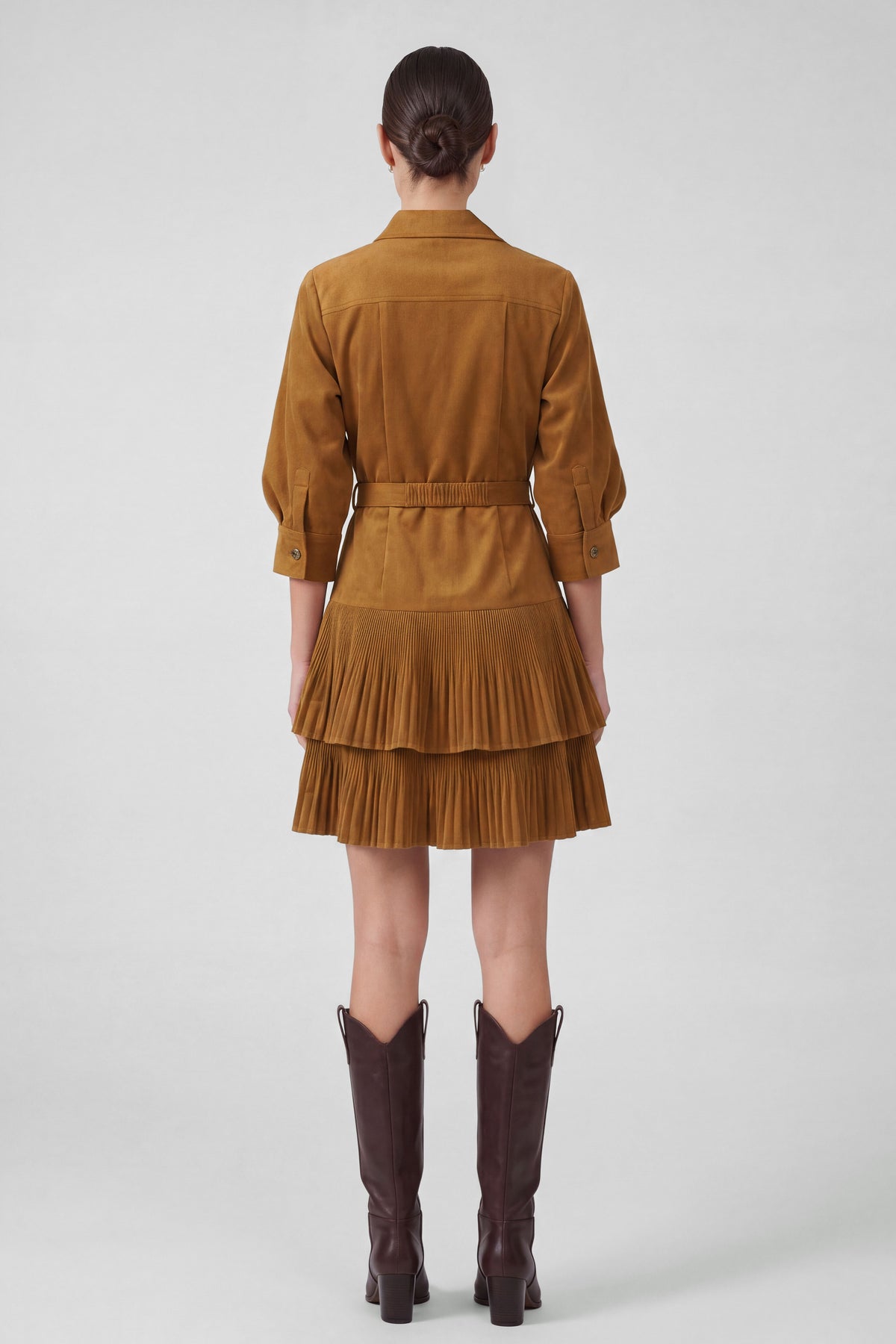 Corduroy Tiered Pleated Shirt Dress