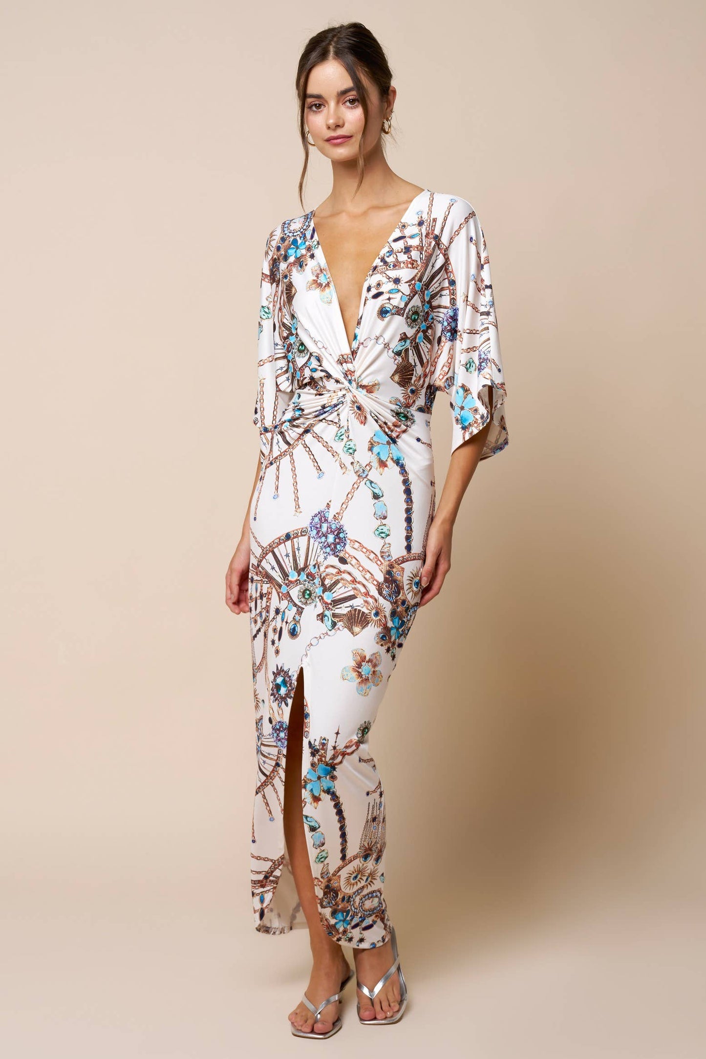 Printed Front Twist Plunging Maxi Dress