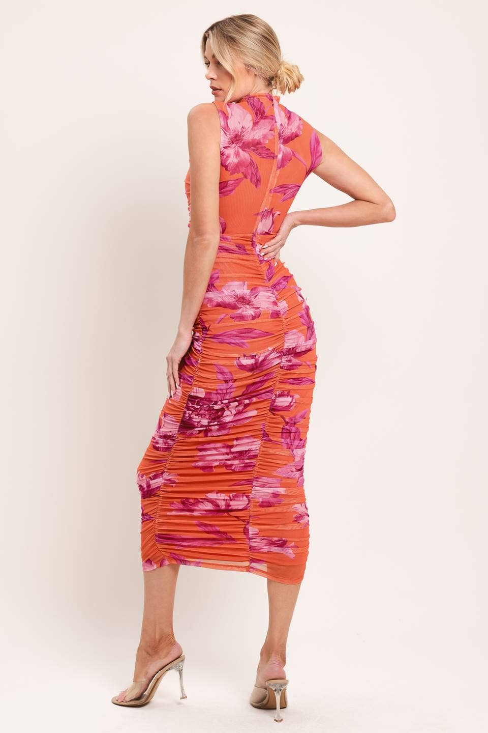 A printed power mesh midi dress - ID23739 ORANGE